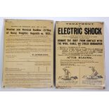 TWO 1920's WALL MOUNTED NOTICES, one for 'Treatment of Electric Shock' and the other 'Woolen and