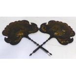 PAIR OF BLACK LACQUERED PAPIER MACHE FACE SCREEN, the cloud shape panels painted in colours and gilt