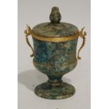 LATE 19th CENTURY FRENCH ORMOLU MOUNTED BLUE STAINED ALABASTER PEDESTAL CUP AND COVER, with bud