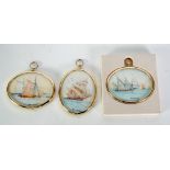 THREE MODERN PAINTED OVAL MINIATURES of sailing vessels Signed Irene Hollings in gilt metal frames