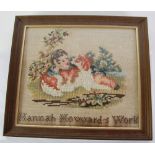 LATE VICTORIAN WOODWORK PICTURE/SAMPLER CHILD AND DOG being together on grass before a flower bid "