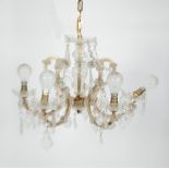 20th CENTURY CUT GLASS AND GILT METAL FIVE BRANCH ELECTROLIER, with cut glass pendant drops,