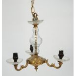 20th CENTURY CUT GLASS AND GILT METAL THREE BRANCH ELECTROLIER with moulded saucer shaped sconces,