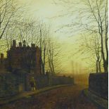 UNATTRIBUTED STYLE OF ATKINSON GRIMSHAW 'Street scene with figure by evening light' 24" x 20"