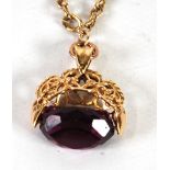 9ct GOLD ROPE PATTERN CHINA NECKLACE 32" long with 9ct gold pendant fob with revolving amethyst,