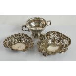 VICTORIAN PIERCED SILVER BON BON DISH, heart shaped with ball feet, Birmingham 1876, TOGETHER WITH