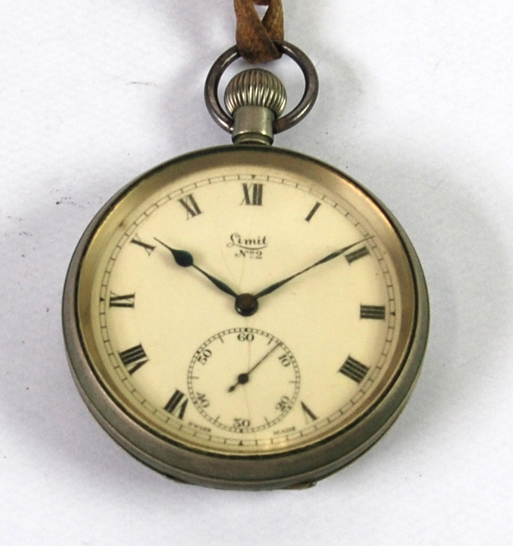 A LIMIT NO 2 SWISS METAL CASED POCKET WATCH, with keyless movement, white Roman dial