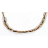 9k THREE COLOUR TEXTURED GOLD NECKLACE, with entwine three strand front, 15 1/2" long, 19.4gms