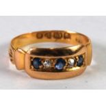 EDWARDIAN 18CT GOLD RING, the channel top set with two small old cut diamonds and three sapphires,