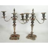 PAIR OF SILVER PLATED ON COPPER THREE LIGHT CANDELABRA, each with removable twin scroll arm top