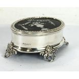 EDWARD VII SILVER AND PIQUET WORK TRINKET BOX, by William Comyns and Sons Ltd., of oval form, with