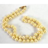 A SINGLE STRAND NECKLACE OF 62 UNIFORM CULTURED PEARLS, with 14k gold pierced lozenge shaped