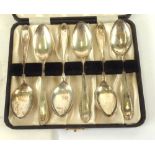 SET OF SIX SILVER TEASPOONS, the handles with feathered edges, in case, makers Edward Viner's,
