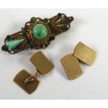 PAIR OF 9ct GOLD DOUBLE OBLONG CUFFLINKS, 5.3gms and a COSTUME BROOCH (3)