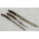 LATE VICTORIAN CASED SET OF THREE ANTLER BONE HANDLED STEEL CARVING IMPLEMENTS
