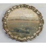 SILVER PRESENTATION SMALL SALVER, by Walker and Hall, of typical form with moulded wavy border and