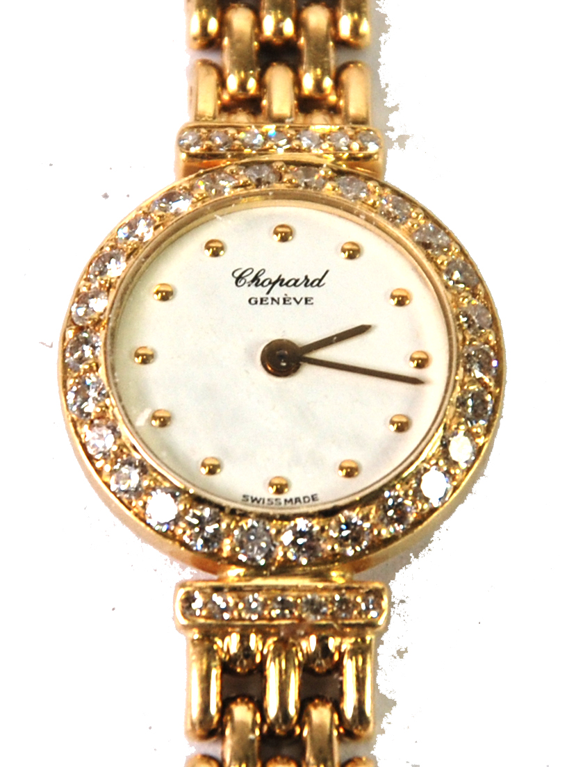 MODERN CHOPARD 18ct GOLD, LADY'S BRACELET WRISTWATCH, the besel and shoulders set with forty tiny