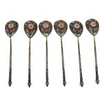 SET OF SIX IMPERIAL RUSSIAN SILVER (84 zolotniks) AND CLOISONNE ENAMEL SMALL SPOONS