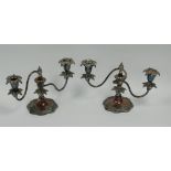 PAIR OF VICTORIAN SILVER ON COPPER TWIN BRANCH CANDELABRA, the urn shaped sconces with fruiting vine