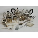 MIXED LOT OF ELECTROPLATE TO INCLUDE; FOUR PIECE TEA SET by Viners, PAIR OF DWARF CANDLESTICKS,