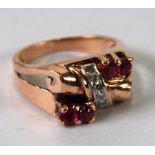 14K GOLD RING, four small rubies and six tiny diamonds, 5.6 gms gross