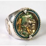 SUBSTANTIAL WHITE METAL GENT'S RING inset with a 1937 American five cent coin, inscribed to the