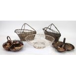 TWO ELECTROPLATED TRIFORM BISCUIT DISHES, TOGETHER WITH AN ELECTROPLATED WIRE PATTERN BREAD BOWL,