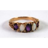 9ct GOLD OPAL AND AMETHYST HALF HOOP RING, with three oval amethyst and two oval opals in a