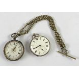 TWO OPEN FACED POCKET WATCHES, one in white metal case with Albert, the other in silver coloured
