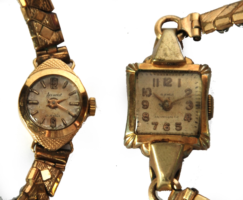 LADIES ACCURIST 9CT GOLD CASED SMALL WRISTWATCH with gilt metal expanding bracelet and a GILT