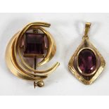 14ct ROLLED GOLD PENDANT set with an oval amethyst and a 14ct rolled gold 'C' scroll BROOCH set with