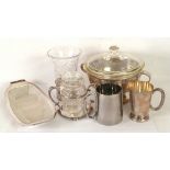 TWO HANDLED PIERCED ELECTROPLATED CIRCULAR DISH and cover stand, TOGETHER WITH A THREE DIVISION HORS