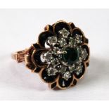 INDISTINCTLY, PROBABLY 10K, GOLD BLACK ENAMELLED GREEN AND WHITE STONE SET RING, 6.6 gms gross