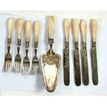 SET OF FOUR ENGRAVED ELECTROPLATE DESSERT FORKS AND FOUR MATCHING KNIVES with carved mother of pearl