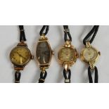 FOUR LADY'S 9ct GOLD CASED WRIST WATCHES, Prely, Valory, Medana, all on black rope pattern straps (