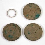 WHITE METAL WEDDING RING, 3.1gms and THREE CROWN COINS, 1953, 1960 and 1965 (4)