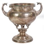 IMPRESSIVE IRISH SILVER TWO HANDLED PEDESTAL BOWL, of swollen form with mask capped scroll handles