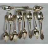 SET OF TEN FRENCH SILVER COLOURED METAL GRAPEFRUIT SPOONS, fiddle and thread pattern, initialled,