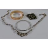 9CT GOLD AND METALCORE BANGLE with engraved vine leaf top; in case marcasite necklace, in case; a