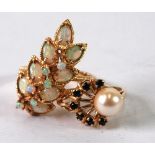 14K GOLD RING SET WITH FOURTEEN SMALL OPALS (one deficient) and another 14K gold single pearl and
