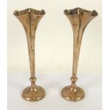 LATE VICTORIAN PAIR OF SILVER TRUMPET VASES, with flared quatrefoil rims, knopped stems and