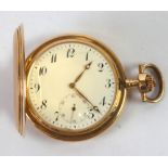 14K GOLD HUNTING CASED POCKET WATCH with keyless movement, white arabic dial with subsidiary seconds