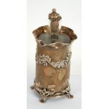 EDWARD VII EMBOSSED SILVER BOTTLE HOLDER, of cylindrical form with wavy rim and pierced trefoil