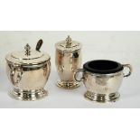 THREE PIECE SILVER CONDIMENT SET, of circular footed form, the two handed SALT and lidded MUSTARD