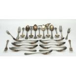 11 FRENCH ELECTROPLATE TABLE FORKS AND TEN MATCHING TABLE SPOONS, the handles embossed to the top