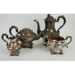 EARLY VICTORIAN SILVER FOUR PIECE TEA AND COFFEE SERVICE, the bodies engraved with foliate