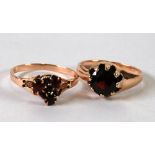 UNMARKED YELLOW METAL TRIPLE GARNET SET RING and another unmarked yellow metal GARNET SET RING, 5.