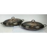 PAIR OF ELECTROPLATE TWO HANDLED OVAL ENTREE DISHES with beaded borders and domed cover all over