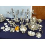 A SELECTION OF ELECTROPLATE TO INCLUDE; PAIR OF CANDLESTICKS, CANDELABRA, a pierced swing handled