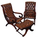 A PAIR OF GEORGIAN STYLE OPEN ARM CHAIRS, WITH BUTTON UPHOLSTERED BROWN LEATHER CONTINUOUS BACKS AND